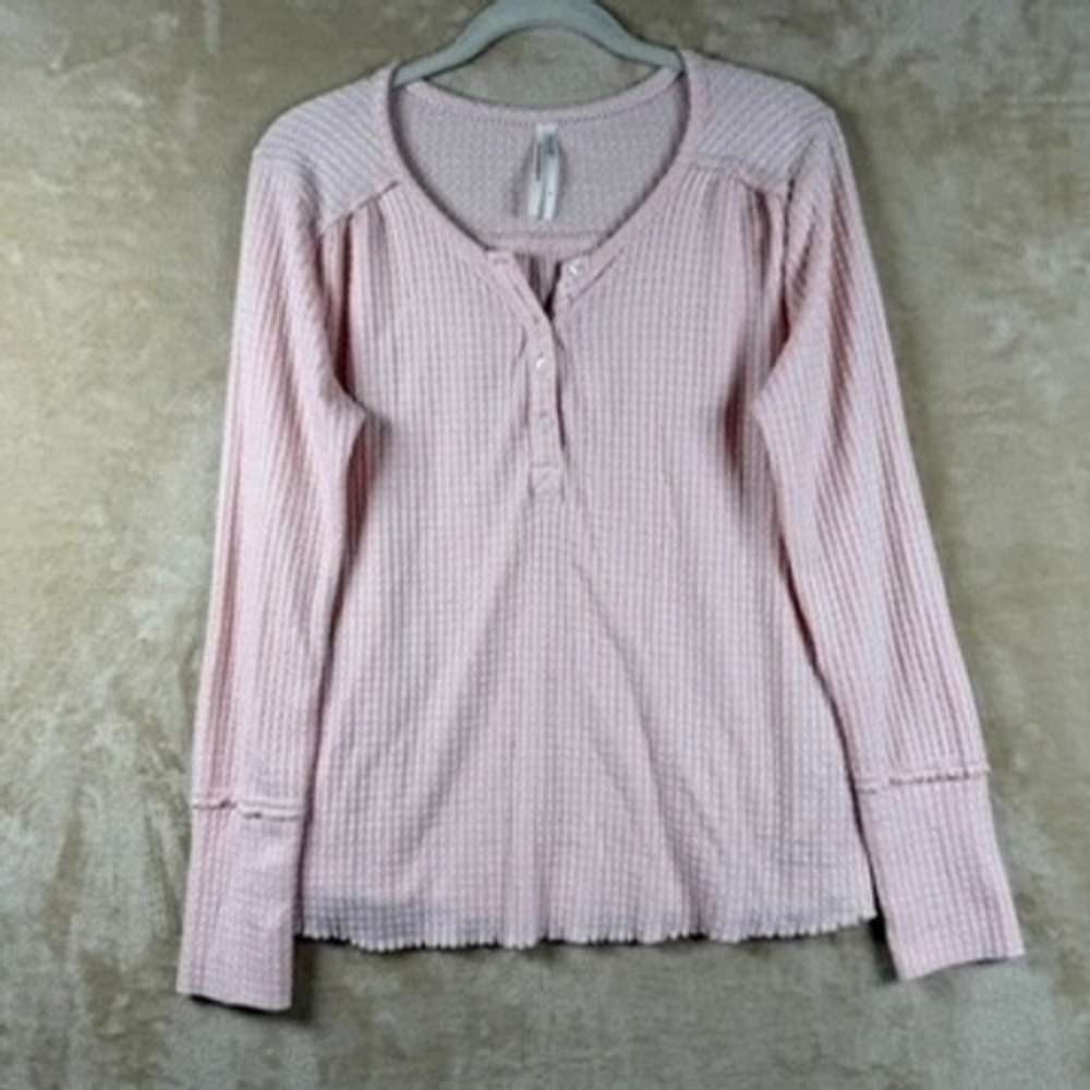 Anthropologie Sm Pink Waffle Knit Henley Long Sleeve Top Raw Edge Coquette Boho